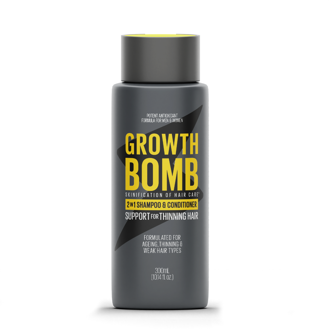 A 300ml bottle of Growth Bomb US 2 in 1 Shampoo & Conditioner for thinning hair comes in a dark gray design with bold yellow and white text, featuring a potent Redensyl-infused antioxidant formula to promote growth and support aging, thinning, and weak hair.