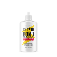 The 100 ML AHA Scalp Exfoliant bottle has bold black, yellow, and pink text promoting its caffeine boost, botanical extracts for a healthy scalp, and invigorating properties, all within a 100 ml (3.38 fl oz) nourishing formula.