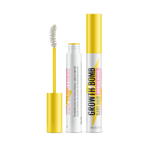 Two tubes of 10 ML Baby Hair Fly-Away Wand, both with yellow caps, are displayed. One is open, showing a power wand applicator. The packaging highlights its peptide formula in bold black and pink text, designed to promote hair growth and tame baby hairs.