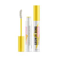 Two tubes of 10 ML Baby Hair Fly-Away Wand, both with yellow caps, are displayed. One is open, showing a power wand applicator. The packaging highlights its peptide formula in bold black and pink text, designed to promote hair growth and tame baby hairs.