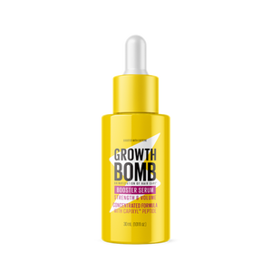 A yellow dropper bottle labeled Booster Serum Strength & Length for hair care enhances Strength & Volume, featuring Capixyl™ peptide and botanical extracts. Contains 30ml (1.01 fl oz). Black background.