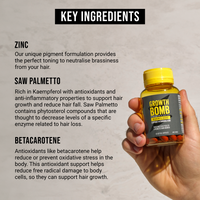 A hand holds a bottle of Regrowth Assist Support for Thinning Hair Supplement by Growth Bomb US, showcasing its hair growth power. The backdrop highlights Zinc, Saw Palmetto, and Betacarotene for enhanced hair thickness and scalp health.