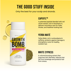 Growth Bomb supercharge shampoo bottle, white with yellow label and ingredient callouts