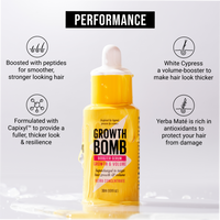A yellow bottle of Hair Growth Support Bundle by Growth Bomb US is featured, boasting peptides for smoothness, Capixyl™ for volume, White Cypress for thickness, Yerba Maté for antioxidant protection, and Hair Growth Vitamins to transform your hair.