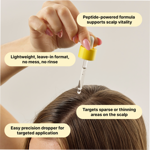 Dropper dispensing hair serum onto scalp with yellow-capped applicator