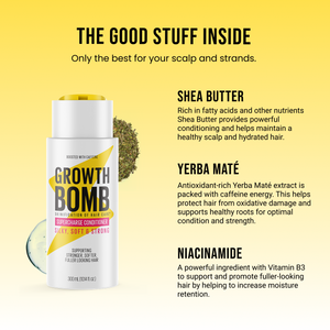 Hair conditioner bottle with yellow cap and Growth Bomb label