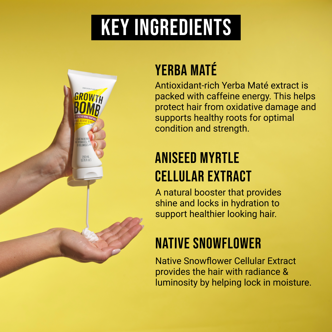 A 175 ML tube of the 10 Minute Miracle Mask is held as lotion is squeezed out, with a yellow background highlighting key ingredients like Yerba Maté and Aniseed Myrtle Cellular Extract, known for deeply hydrating and enhancing hair health.