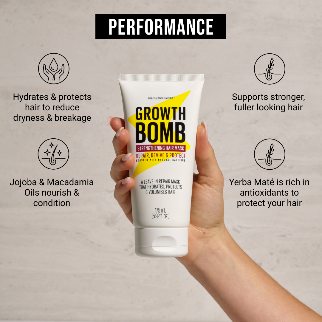 A hand presents the 10 Minute Miracle Mask against a speckled backdrop. It highlights the masks ability to hydrate, protect, and strengthen hair with deeply revitalizing ingredients like Jojoba, Macadamia Oils, and Yerba Maté.
