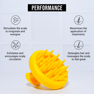 A yellow Growth Bomb Silicone Scalp Brush with spiky bristles rests on a white surface, ideal for hair and scalp care. It stimulates and exfoliates the scalp, enhances treatment application, detangles hair, and offers a soothing experience.