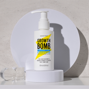 A bottle from the Growth Bomb US Smoothing Support Bundle sits on a white stand, featuring bold yellow and black text and a pump dispenser. Shadows on the round backdrop highlight its anti-frizz magic with Yerba Maté infusion.