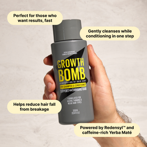 Shampoo and conditioner bottle held in hand, with rounded benefit callouts