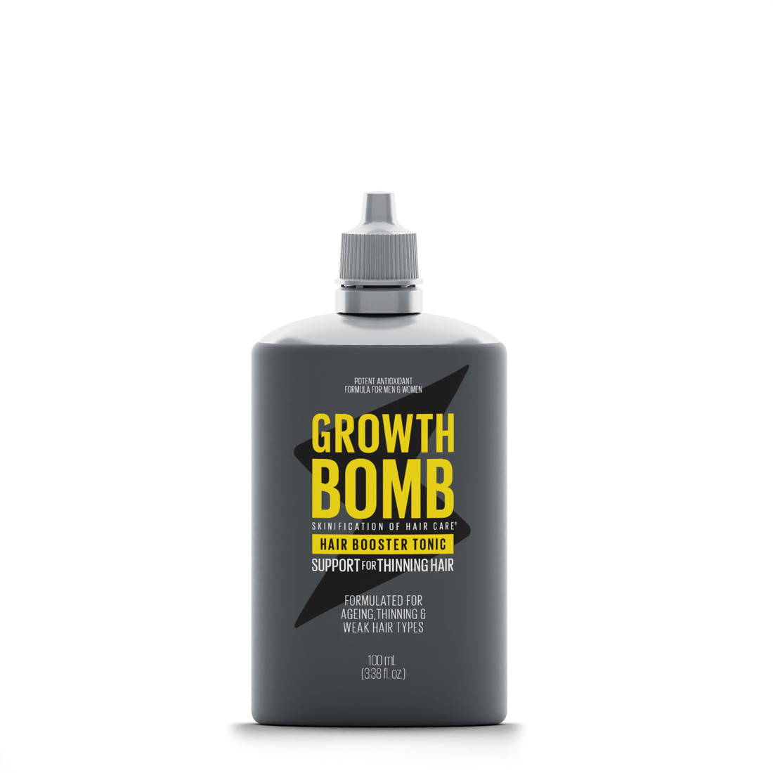 The Hair Booster Tonic by Growth Bomb US comes in a 100ml (3.38 fl oz) gray bottle with a pointed nozzle cap. It is designed for aging, thinning, and weak hair, providing targeted support and antioxidants to combat thinning hair.