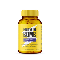 The image shows a Growth Bomb US Hair & Nail Booster Supplement. The amber bottle, featuring a yellow cap and label, highlights the biotin and cysteine support for hair growth and nail strength. The product contains 60 film-coated tablets.