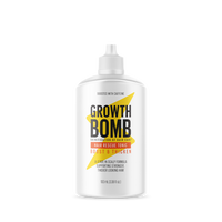 The image shows a white bottle of the Hair Rescue Tonic from Growth Bomb, featuring bold black and yellow text on its label. The tonic has a caffeine-boosted formula for improved scalp condition and stronger hair, with the bottle containing 100 mL (3.38 fl oz).