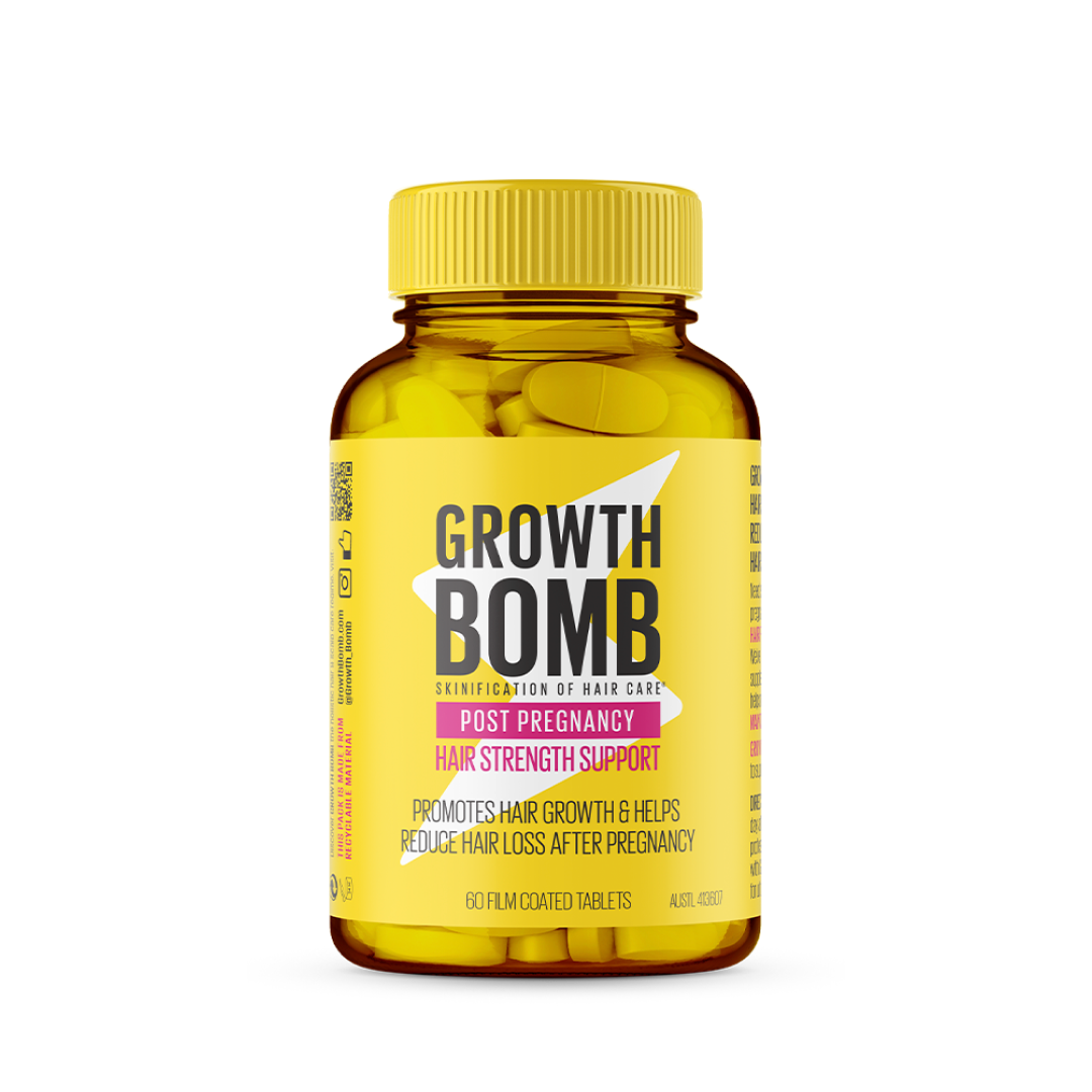 A bottle of Growth Bomb US Post Pregnancy Hair Strength Support Supplement with a yellow label, featuring black and pink text, highlights benefits like promoting hair growth and reducing hair loss. Contains 60 film-coated tablets to fortify your locks.