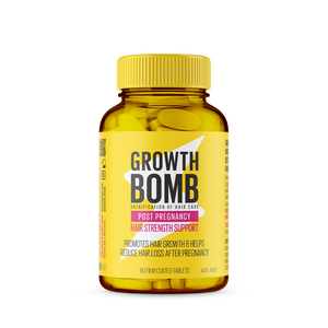 A bottle of Growth Bomb US Post Pregnancy Hair Strength Support Supplement with a yellow label, featuring black and pink text, highlights benefits like promoting hair growth and reducing hair loss. Contains 60 film-coated tablets to fortify your locks.