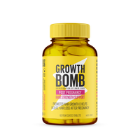 A bottle of Growth Bomb US Post Pregnancy Hair Strength Support Supplement with a yellow label, featuring black and pink text, highlights benefits like promoting hair growth and reducing hair loss. Contains 60 film-coated tablets to fortify your locks.