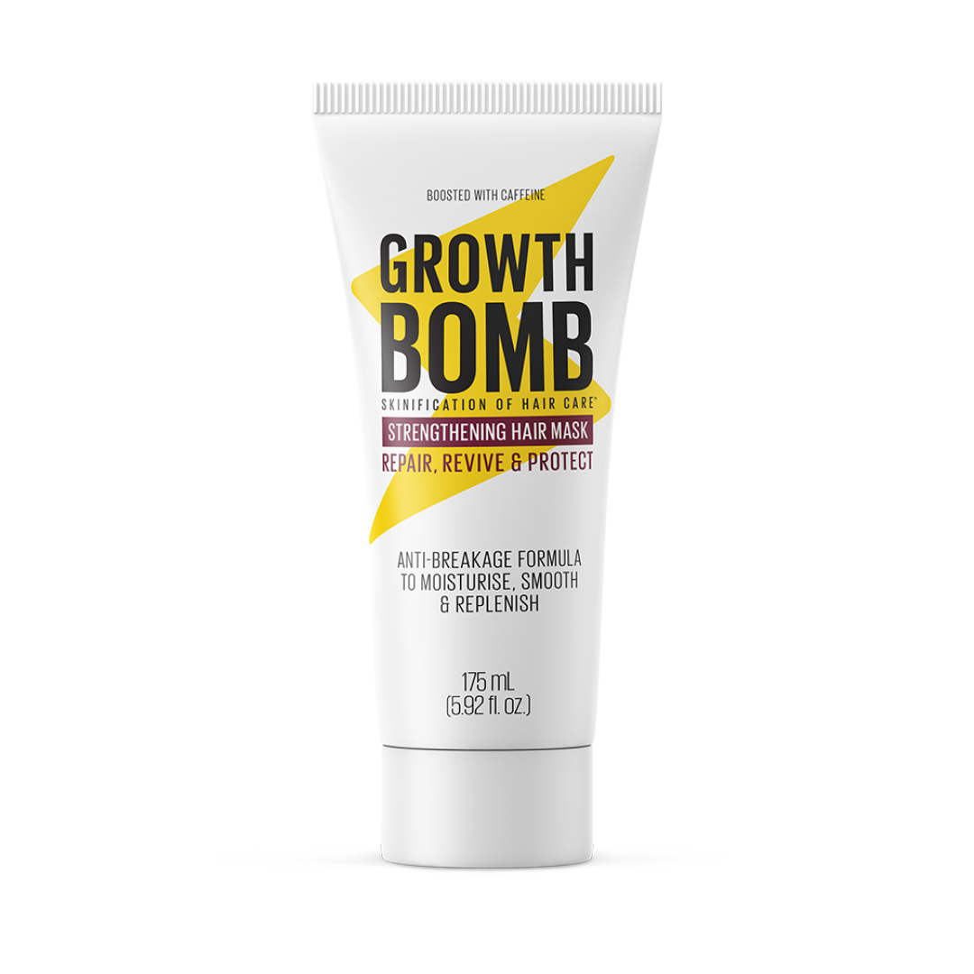 A white tube labeled 175 ML features the 10 Minute Miracle Mask by Growth Bomb, designed to strengthen hair with an anti-breakage formula. It promises Repair, Revive & Protect benefits, deeply hydrating, smoothing, and replenishing your locks. Contains 175 mL.