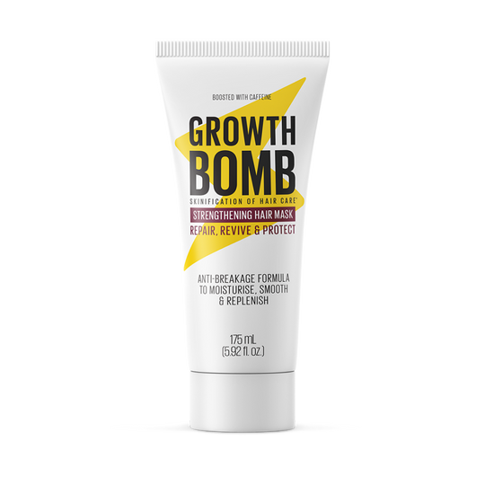 A white tube labeled 175 ML features the 10 Minute Miracle Mask by Growth Bomb, designed to strengthen hair with an anti-breakage formula. It promises Repair, Revive & Protect benefits, deeply hydrating, smoothing, and replenishing your locks. Contains 175 mL.