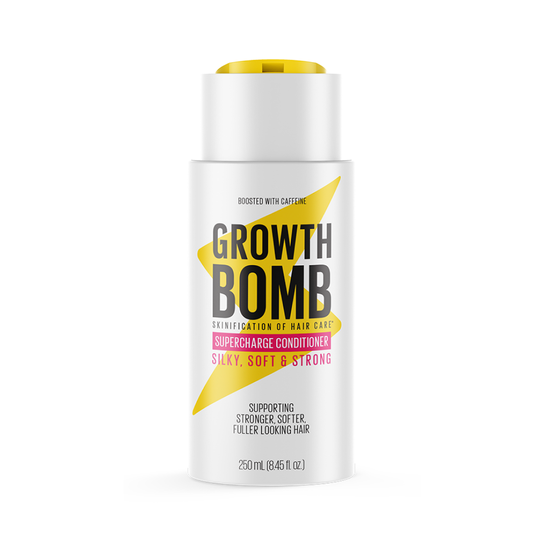 The 250 ML Supercharge Conditioner bottle showcases bold black and yellow text on a white label, highlighting benefits such as silky, soft & strong and promises to support fuller hair while protecting against breakage.