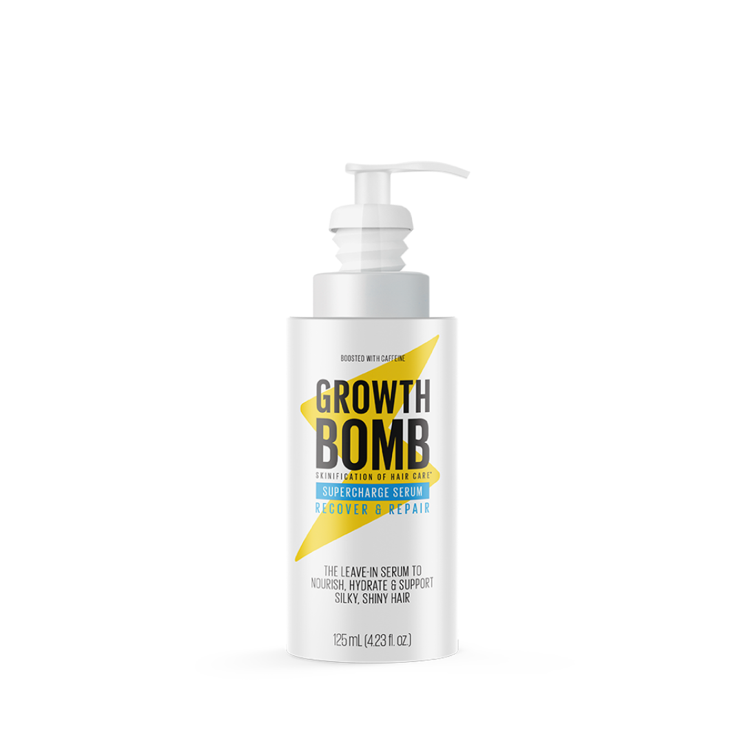 The Supercharge Serum by Growth Bomb is a 125ml leave-in hair care product with a white pump dispenser, featuring bold GROWTH BOMB and Recover & Repair text. It tames frizz while moisturizing and protecting hair.