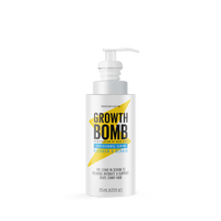 The Supercharge Serum by Growth Bomb is a 125ml leave-in hair care product with a white pump dispenser, featuring bold GROWTH BOMB and Recover & Repair text. It tames frizz while moisturizing and protecting hair.