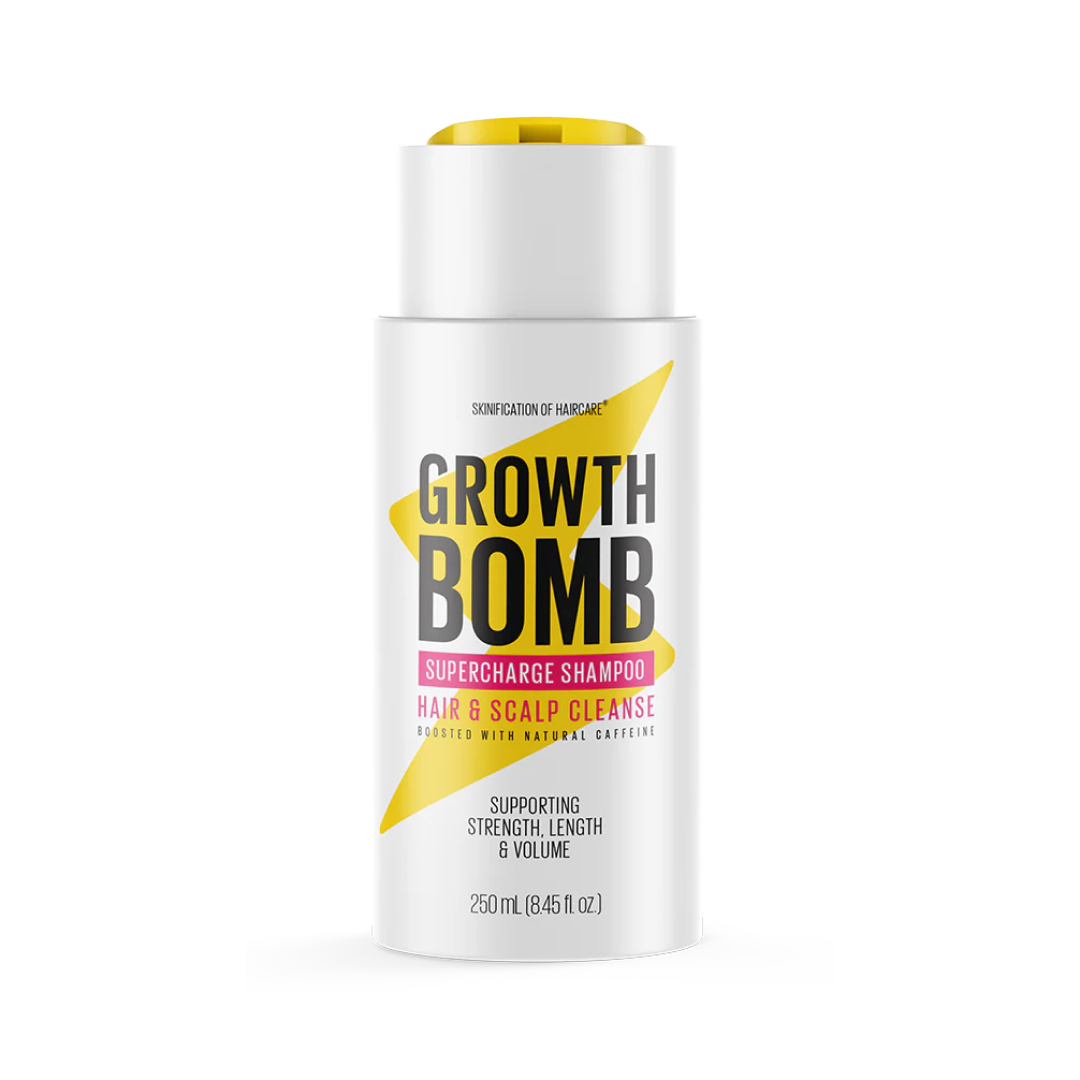 A 250 ml white bottle of Supercharge Shampoo is infused with caffeine and features yellow and pink accents. It highlights benefits like hair breakage prevention, cleansing, strength, length, and volume support.