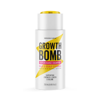 A 250 ml white bottle of Supercharge Shampoo is infused with caffeine and features yellow and pink accents. It highlights benefits like hair breakage prevention, cleansing, strength, length, and volume support.