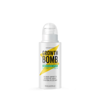 A white bottle of Supercharge Spray from Growth Bomb features a green and black label and offers intensive scalp support with peppermint oil, revitalizing lifeless hair. The leave-in spray reads Restore & Refresh, holding 125ml (4.23 fl oz).