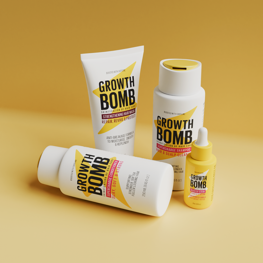 The image shows the Volume Support Bundle by Growth Bomb US, featuring four hair care products including a Supercharge Shampoo, Booster Serum, and two other bottles for strengthening and revitalizing hair and scalp, all set against a yellow background.