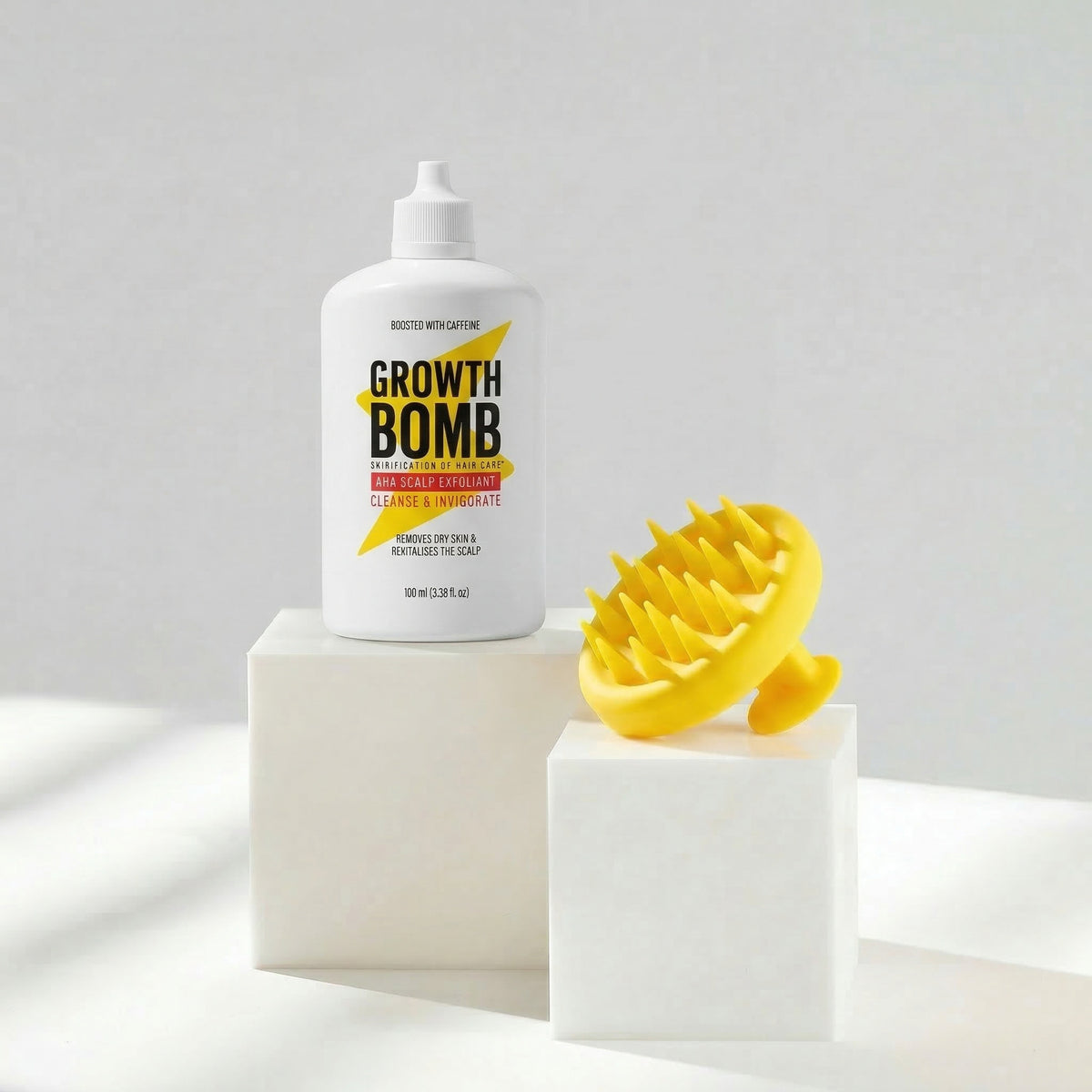 Scalp exfoliant bottle, white with Growth Bomb label and flip-top cap