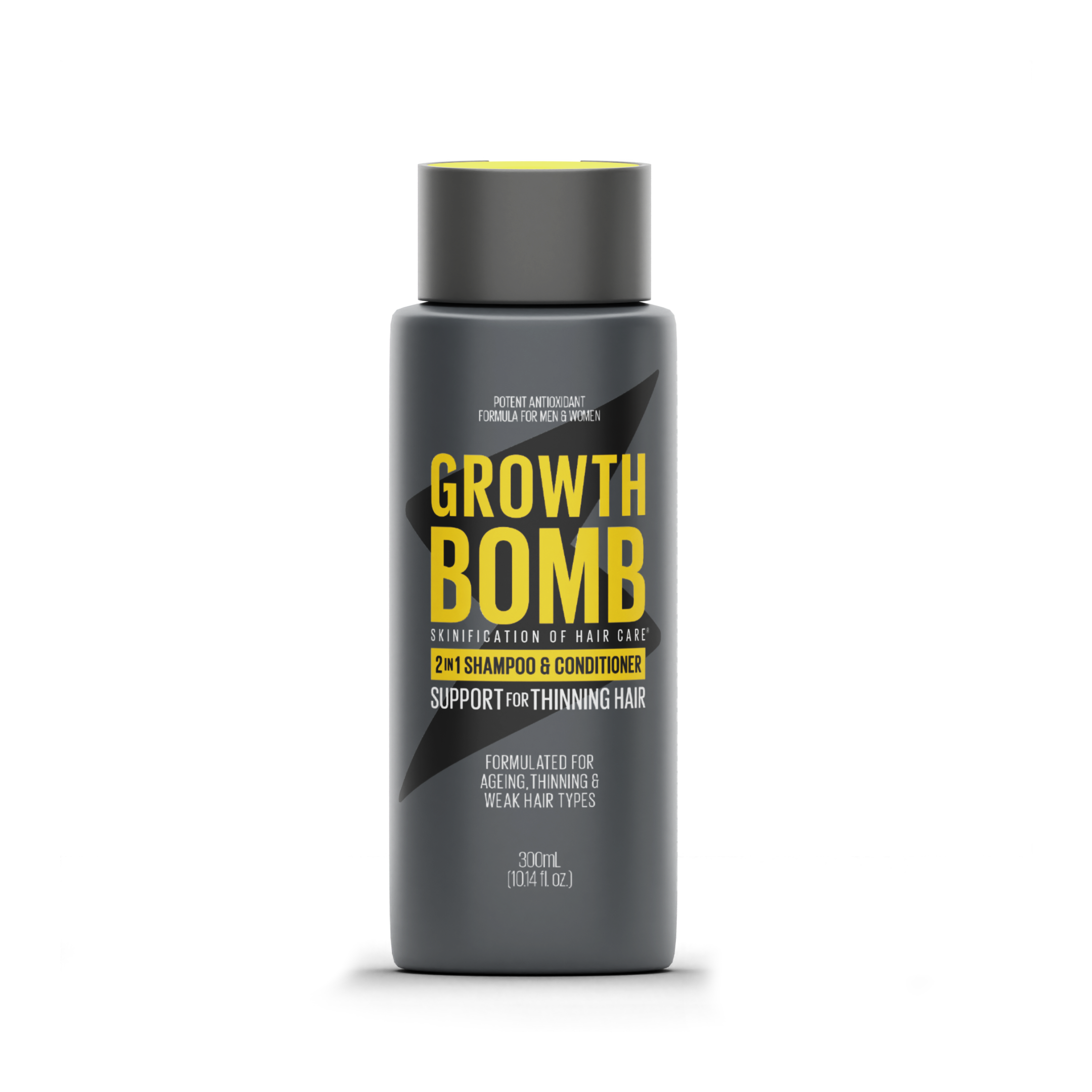 A 300ml bottle of Growth Bomb US 2 in 1 Shampoo & Conditioner for thinning hair comes in a dark gray design with bold yellow and white text, featuring a potent Redensyl-infused antioxidant formula to promote growth and support aging, thinning, and weak hair.