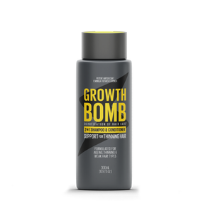 2 in 1 shampoo and conditioner bottle, dark gray with yellow Growth Bomb label