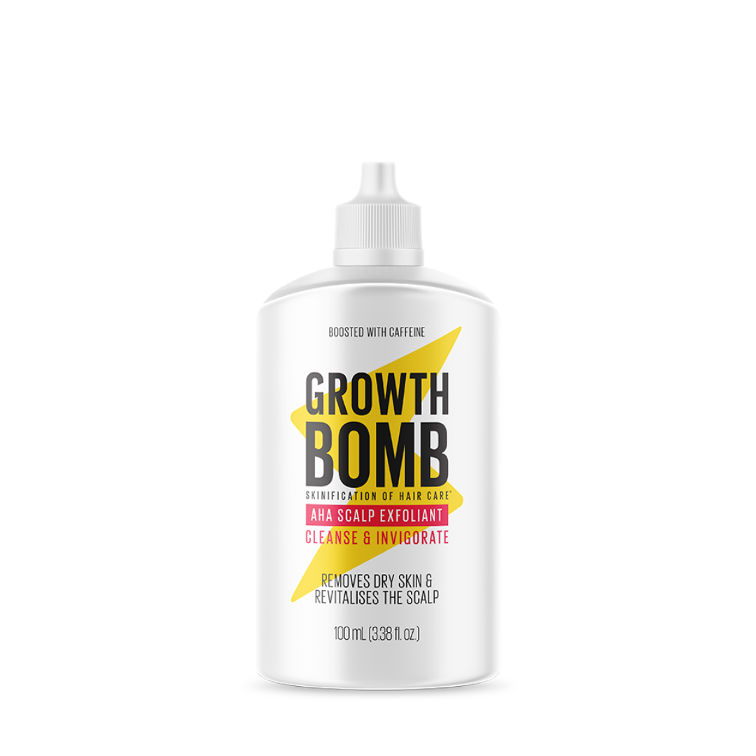 The 100 ML AHA Scalp Exfoliant bottle has bold black, yellow, and pink text promoting its caffeine boost, botanical extracts for a healthy scalp, and invigorating properties, all within a 100 ml (3.38 fl oz) nourishing formula.