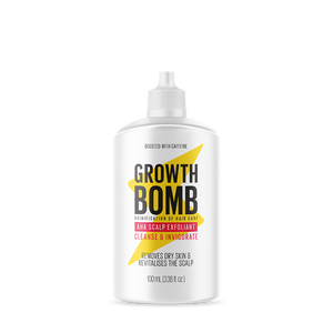 The 100 ML AHA Scalp Exfoliant bottle has bold black, yellow, and pink text promoting its caffeine boost, botanical extracts for a healthy scalp, and invigorating properties, all within a 100 ml (3.38 fl oz) nourishing formula.