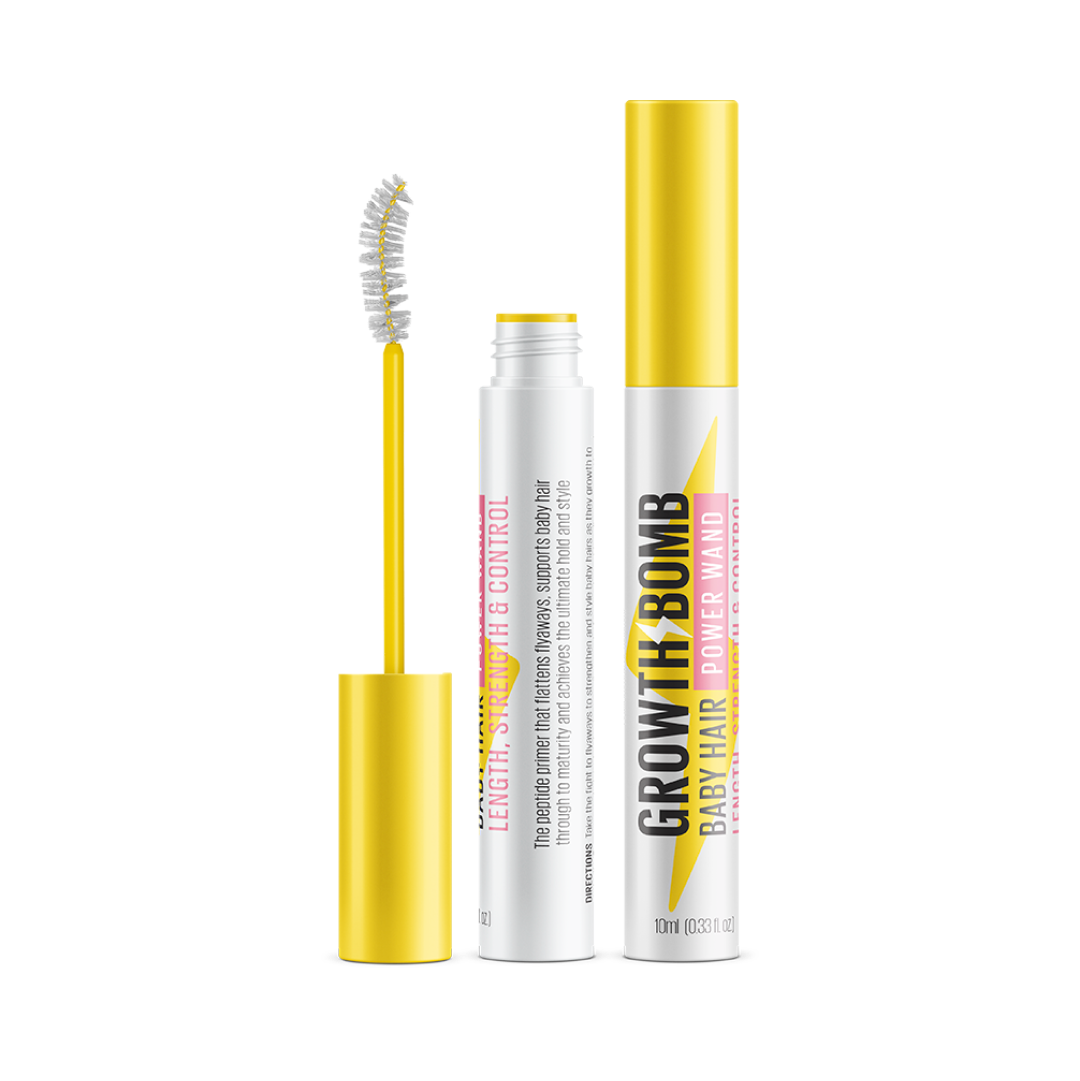 Two tubes of 10 ML Baby Hair Fly-Away Wand, both with yellow caps, are displayed. One is open, showing a power wand applicator. The packaging highlights its peptide formula in bold black and pink text, designed to promote hair growth and tame baby hairs.