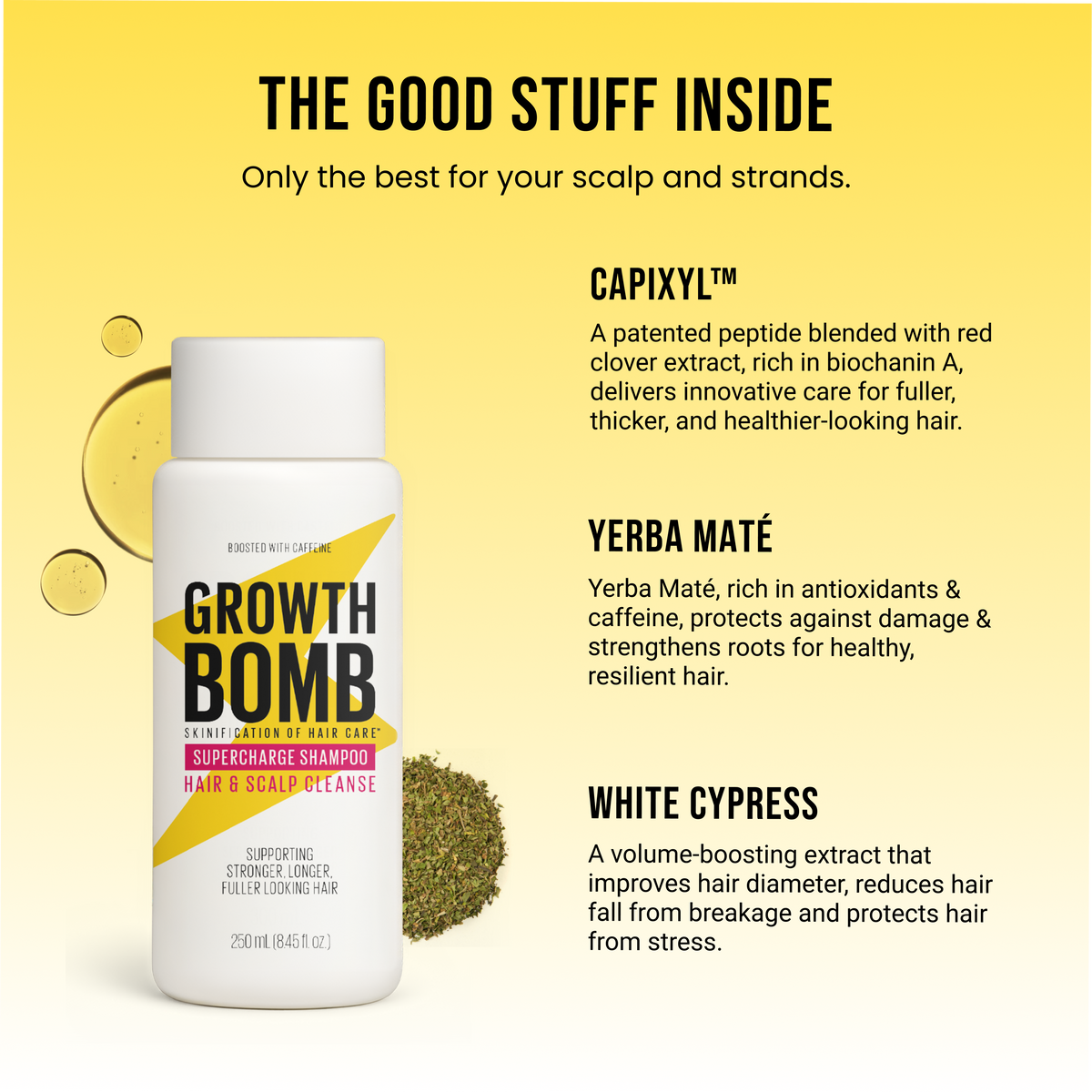 Growth Bomb supercharge shampoo bottle, white with yellow label and ingredient callouts