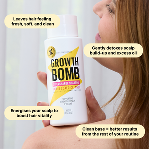 A woman holds a bottle of 250 ML Supercharge Shampoo near her face, with text bubbles noting it leaves hair fresh, soft, and clean; energizes the scalp; and detoxes buildup for healthier-feeling hair and a clean start for your routine.