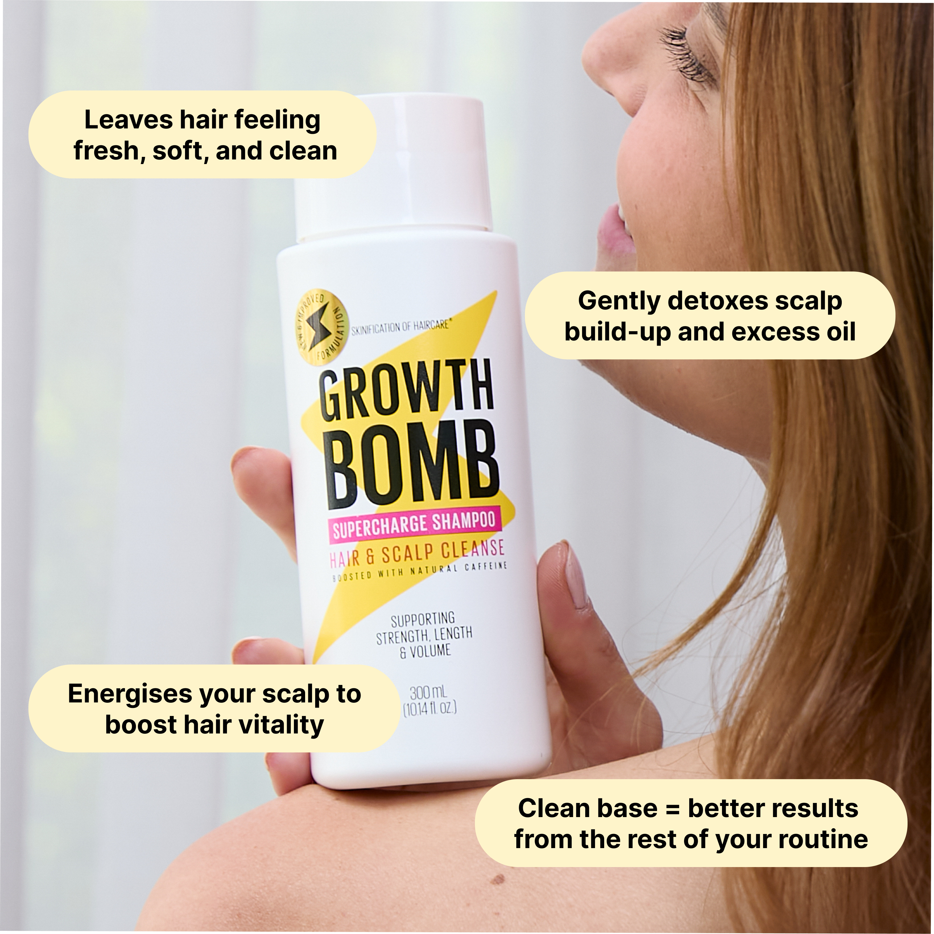 A woman holds a bottle of 250 ML Supercharge Shampoo near her face, with text bubbles noting it leaves hair fresh, soft, and clean; energizes the scalp; and detoxes buildup for healthier-feeling hair and a clean start for your routine.