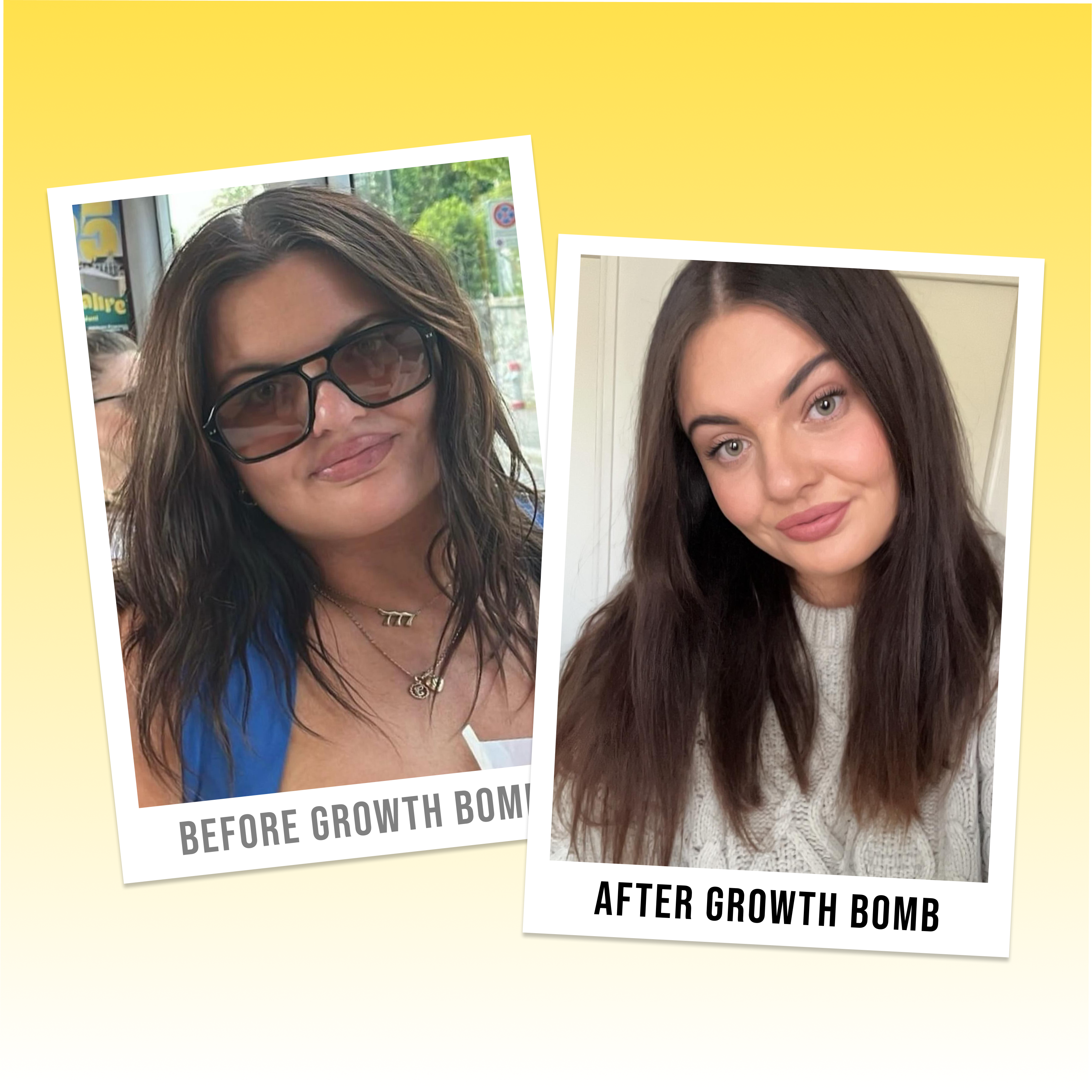 Side-by-side photos of a woman: on the left, before using 250 ML Supercharge Shampoo; on the right, after use, her hair appears straighter, longer, and healthier.