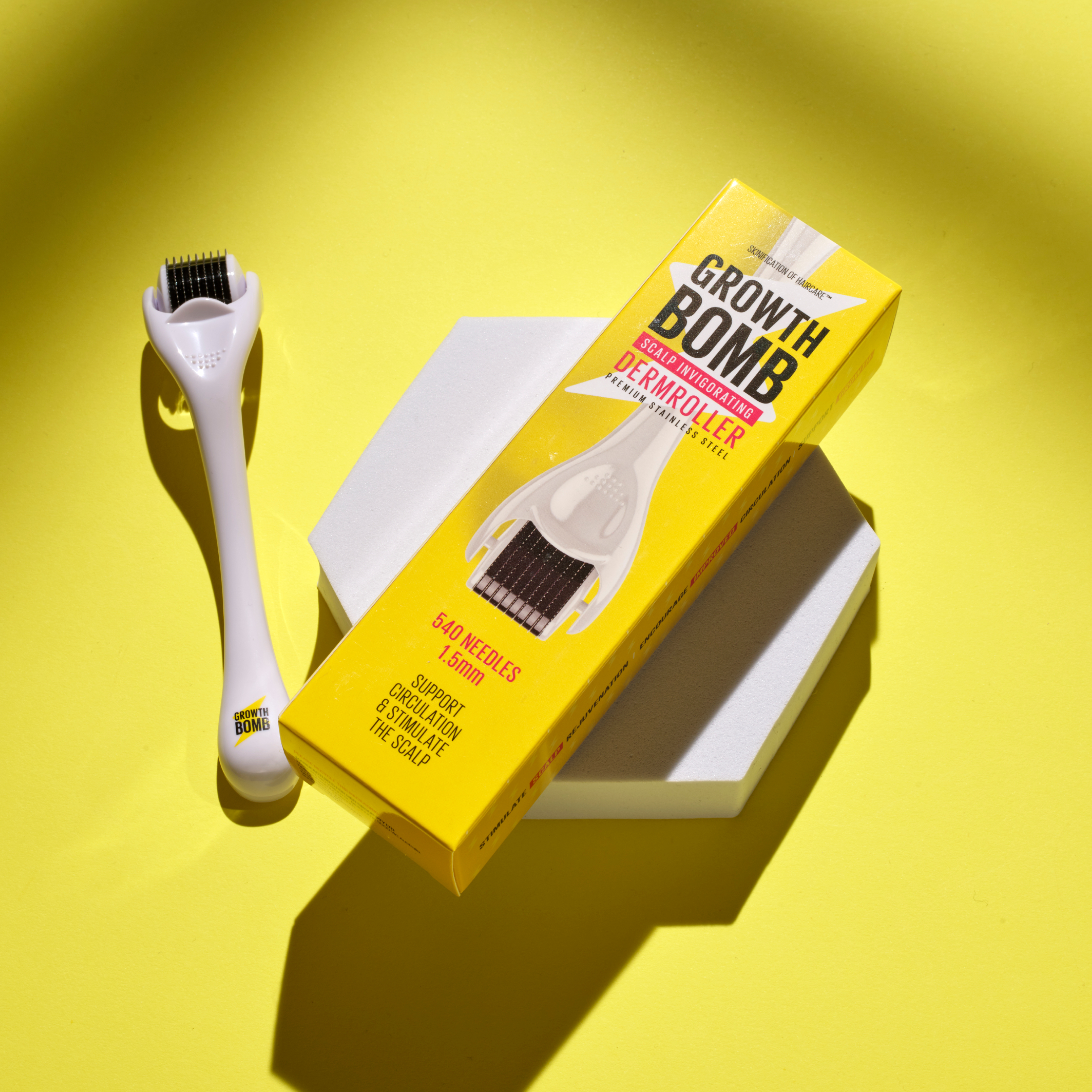 Hair roller device and Growth Bomb Derm Roller box set