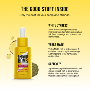 Leave-in booster serum bottle with white dropper cap and yellow Growth Bomb label
