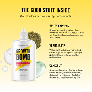 A 100 ML AHA Scalp Exfoliant bottle appears beside white cypress and yerba maté leaves, with text noting how these ingredients help exfoliate the scalp for healthier, stronger hair and improved growth.