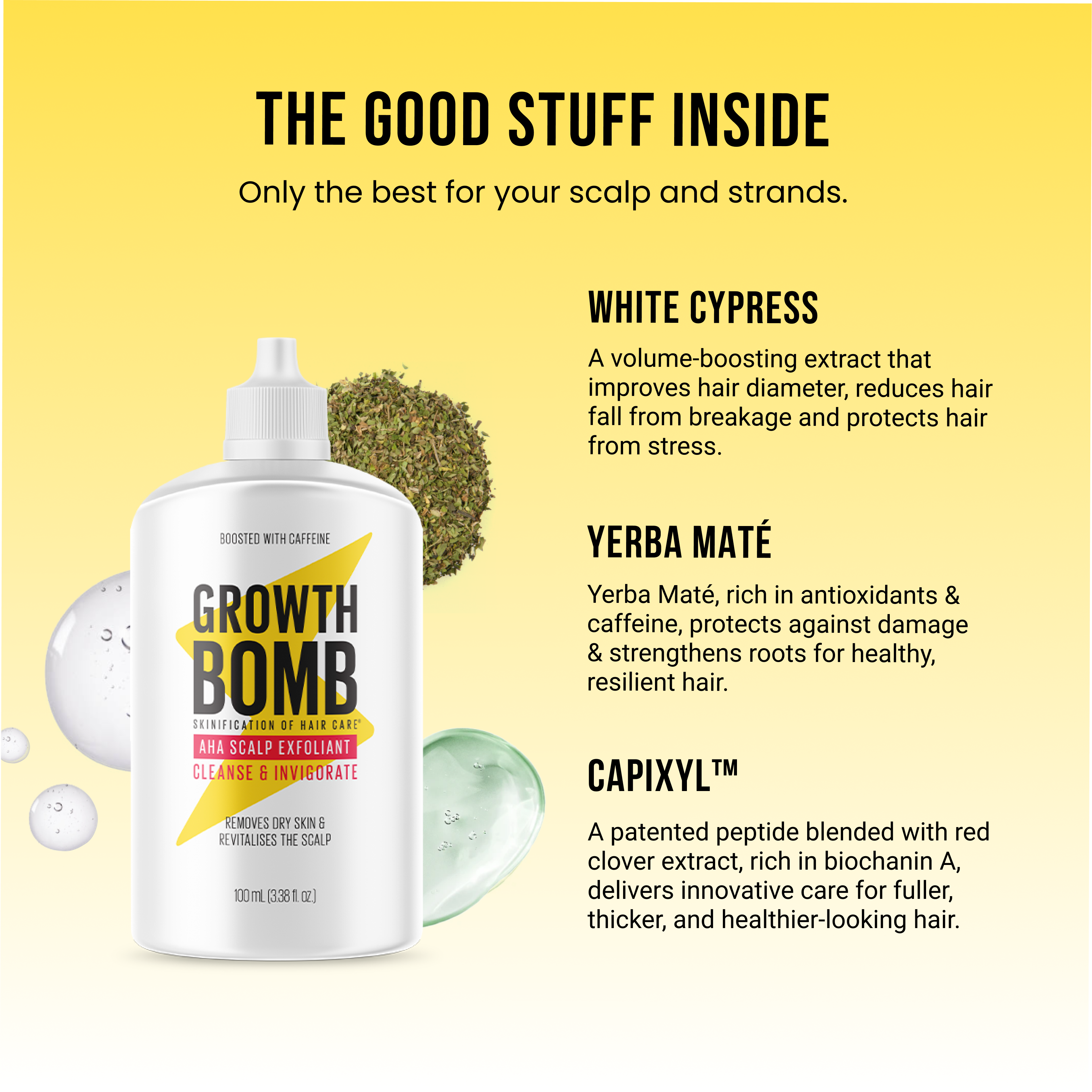 A 100 ML AHA Scalp Exfoliant bottle appears beside white cypress and yerba maté leaves, with text noting how these ingredients help exfoliate the scalp for healthier, stronger hair and improved growth.