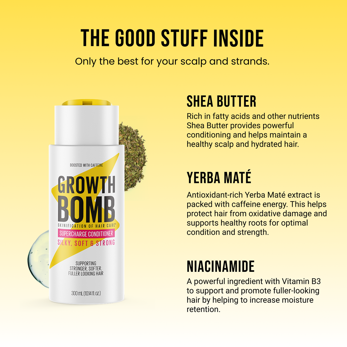 Hair conditioner bottle with yellow cap and Growth Bomb label