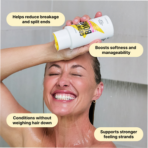 Hair care bottle pouring onto hair during rinse, with Growth Bomb label