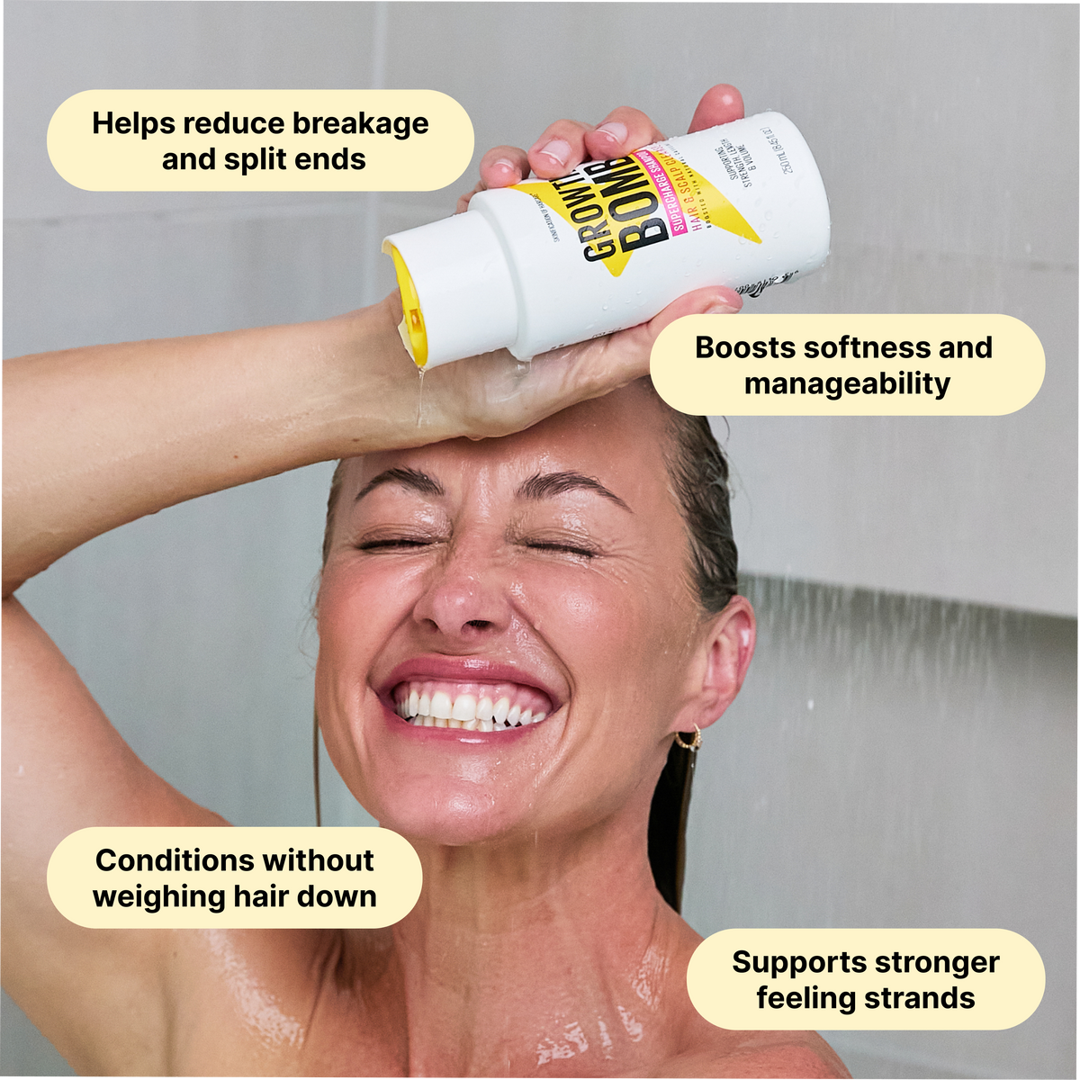 Hair care bottle pouring onto hair during rinse, with Growth Bomb label