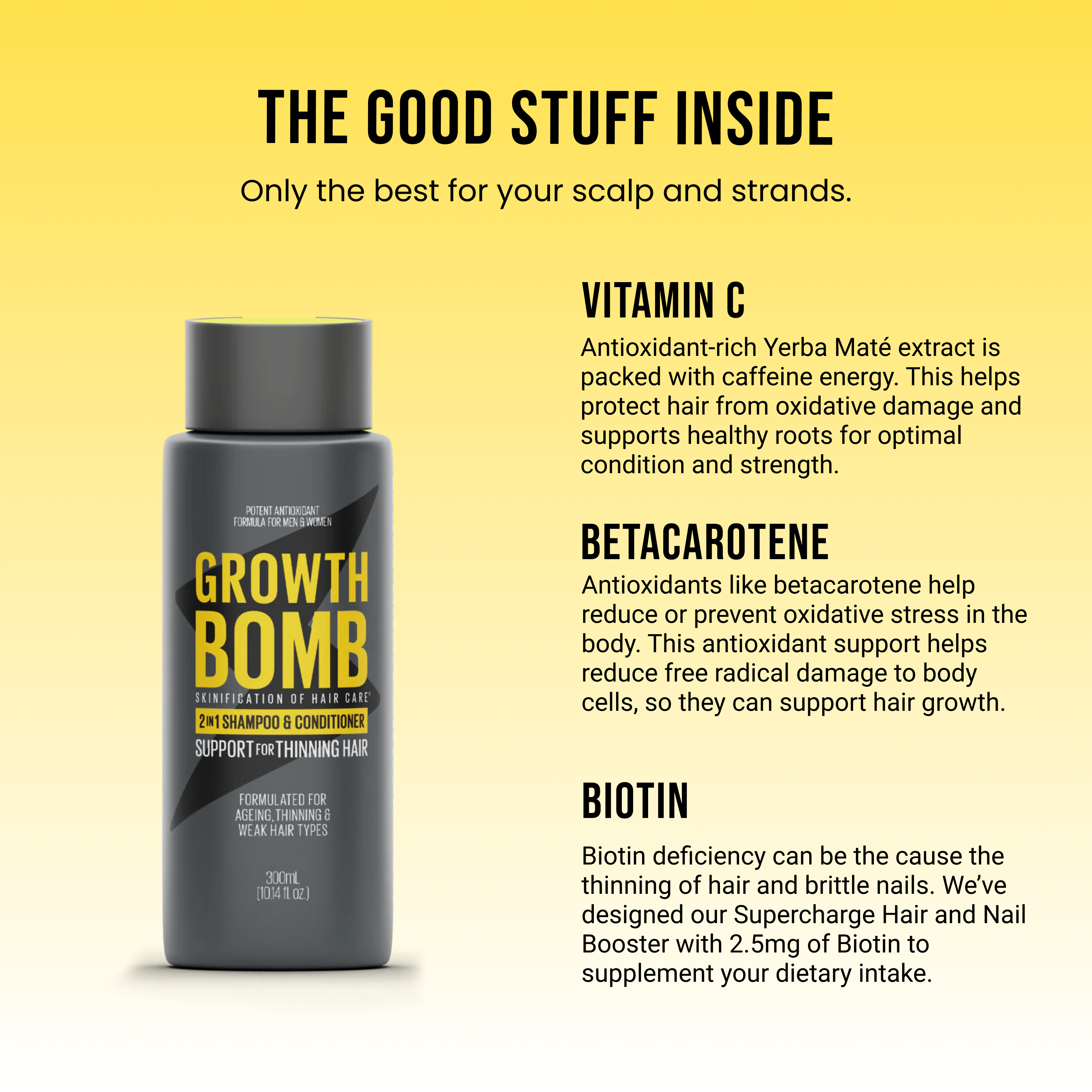 Shampoo and conditioner bottle beside ingredient info: Vitamin C, Betacarotene, Biotin