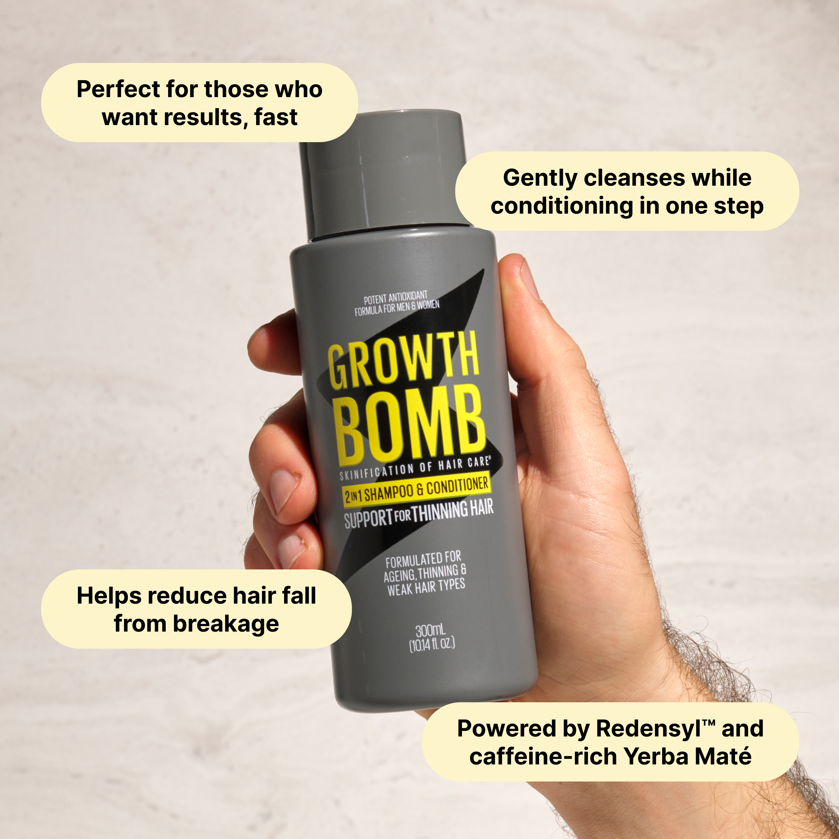 Shampoo and conditioner bottle held in hand, with rounded benefit callouts
