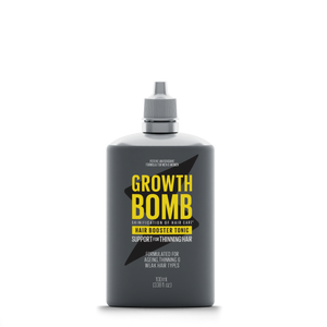 The Hair Booster Tonic by Growth Bomb US comes in a 100ml (3.38 fl oz) gray bottle with a pointed nozzle cap. It is designed for aging, thinning, and weak hair, providing targeted support and antioxidants to combat thinning hair.